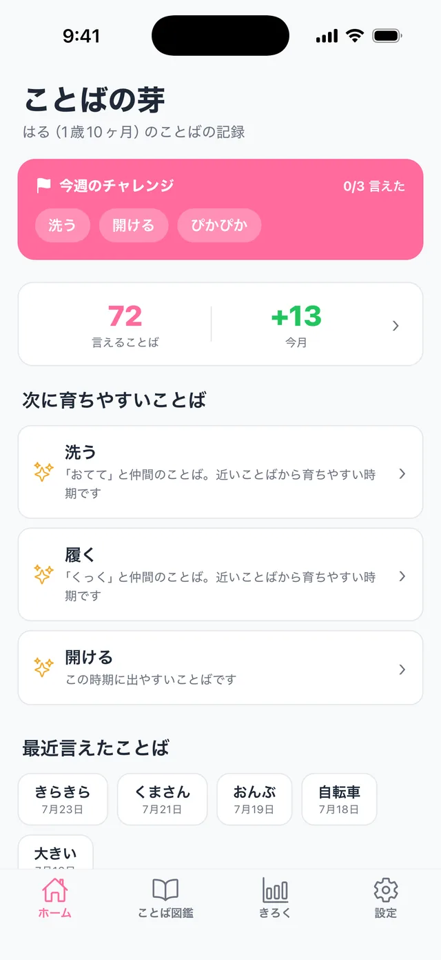 ことばの芽のホーム画面。今週のチャレンジ、言えることばの数、次に育ちやすいことばが並んでいる